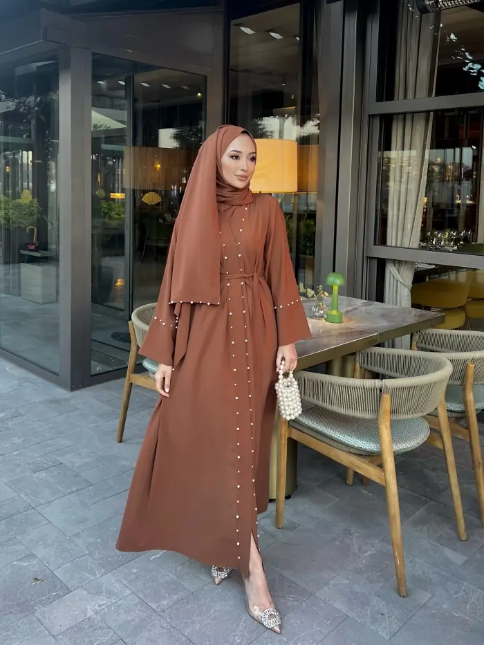 Özel Tasarım İnci Detaylı Abaya Kiremit